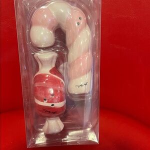 Dolly Parton Pink and White Candy Cane salt and pepper shakers
